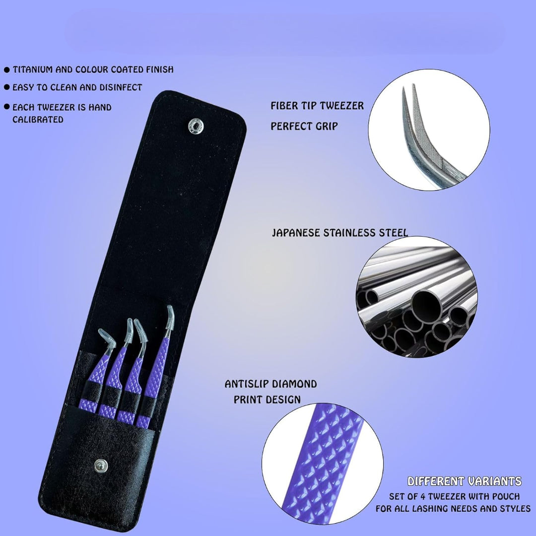 4-Piece Eyelash Tweezer Set | Stainless Steel Lash Tools for Volume Extensions Tweezer