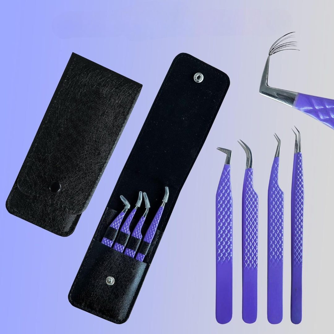 4-Piece Eyelash Tweezer Set | Stainless Steel Lash Tools for Volume Extensions Tweezer