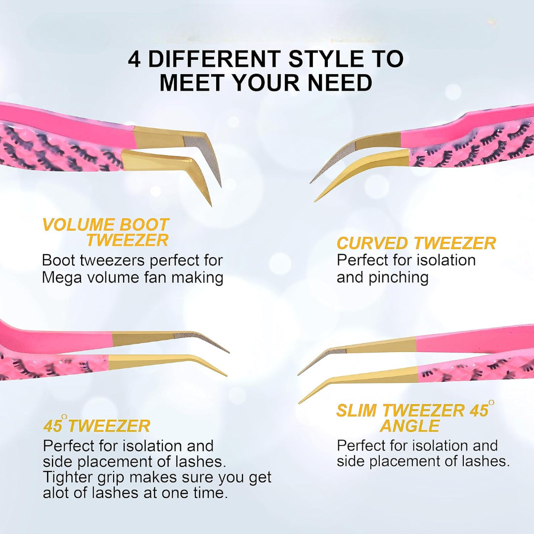 Bite Instruments Pink Eyelash Print 4-Piece Tweezer Set | Gold-Grip Lash Extensions Tweezers