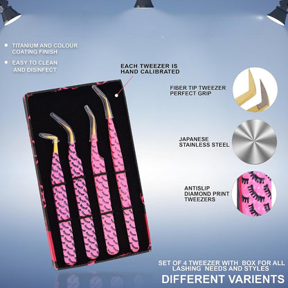 Bite Instruments Pink Eyelash Print 4-Piece Tweezer Set | Gold-Grip Lash Extensions Tweezers