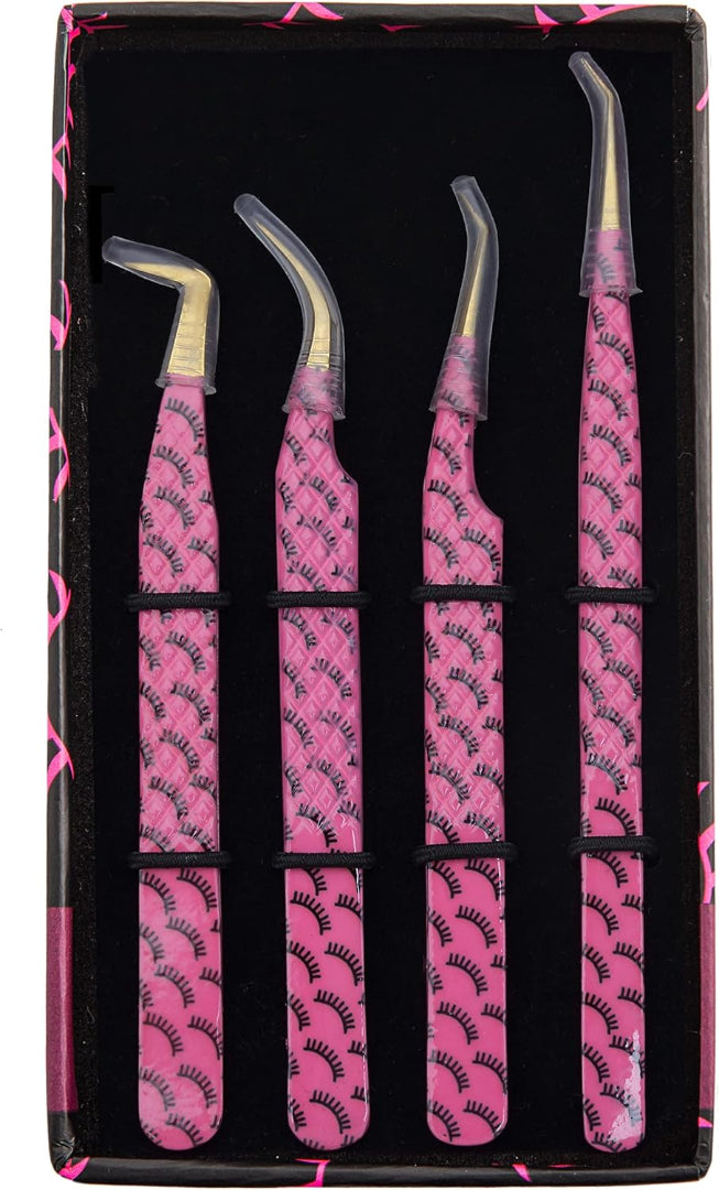 Bite Instruments Pink Eyelash Print 4-Piece Tweezer Set | Gold-Grip Lash Extensions Tweezers