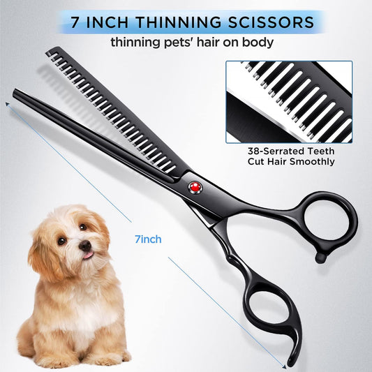 Sleek Black Professional 6-in-1 Dog Grooming Scissors Set - 4CR Stainless Steel with Safety Round Tips & Case