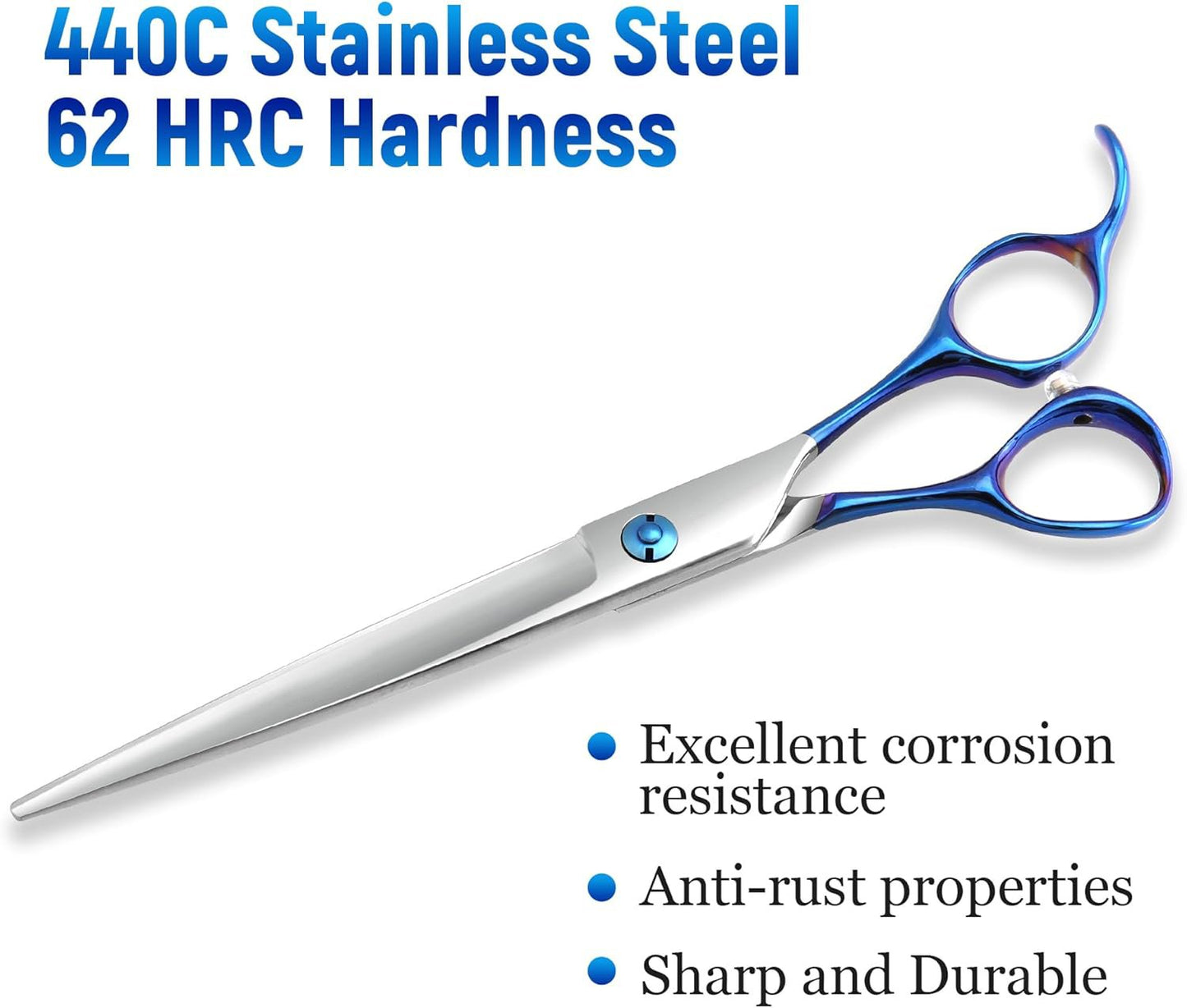 Professional 440C Stainless Steel Grooming Scissors - 62 HRC Hardness with Blue Iridescent Handles - Sharp & Durable