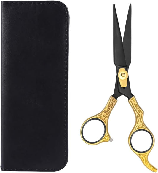 oldBlack Series Professional Hair Cutting Scissors - Gold Ornate Handle Straight Shears with Case
