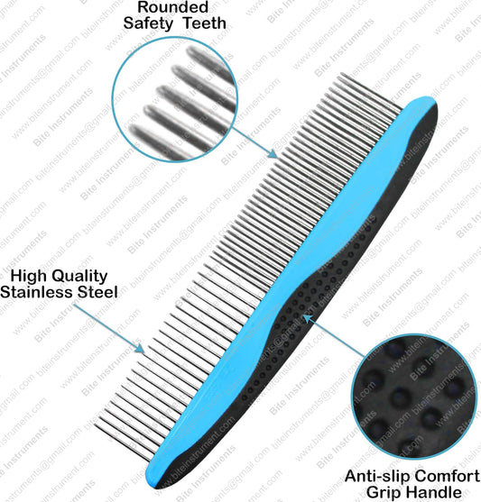 Bite Instruments Professsional Dog Grooming Comb – Stainless Steel Pet Comb with Anti-Slip Handle