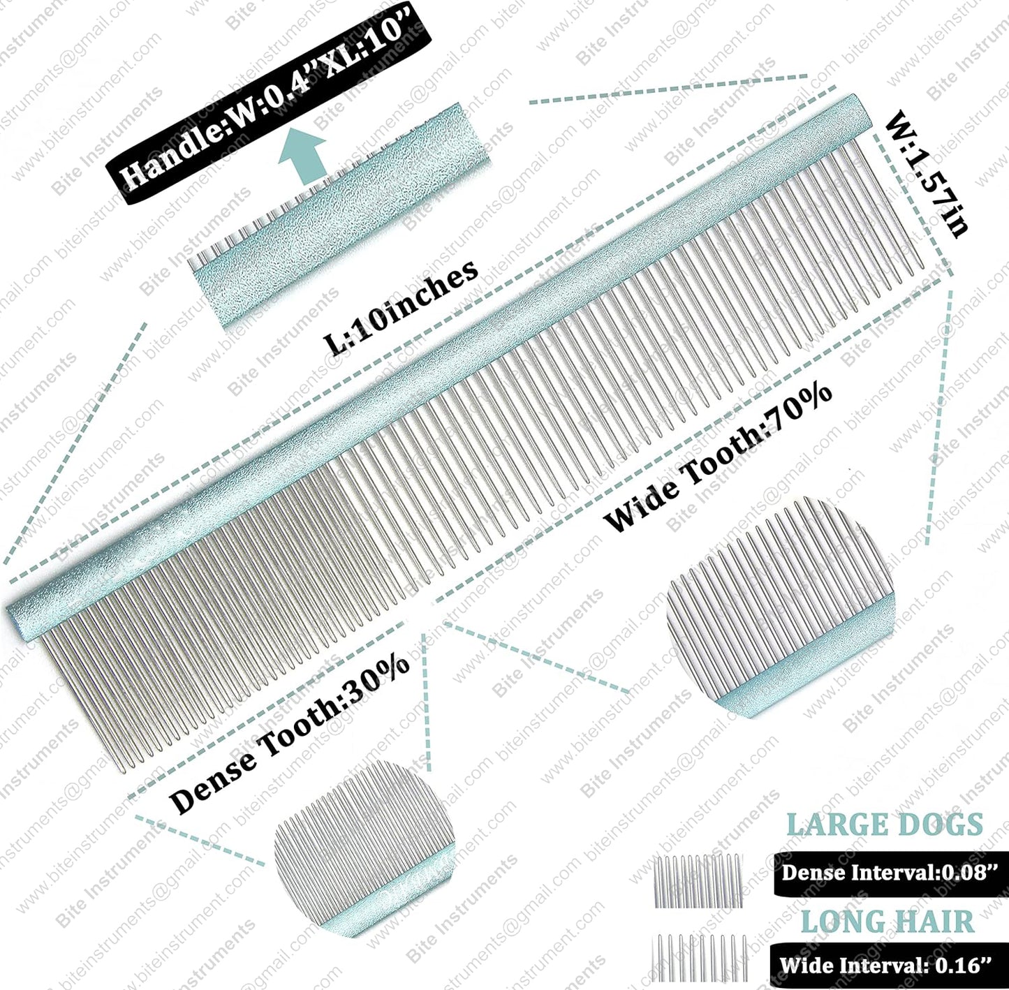 Bite Instruments Dog Grooming Comb – Stainless Steel Pet Comb with Anti-Slip Handle