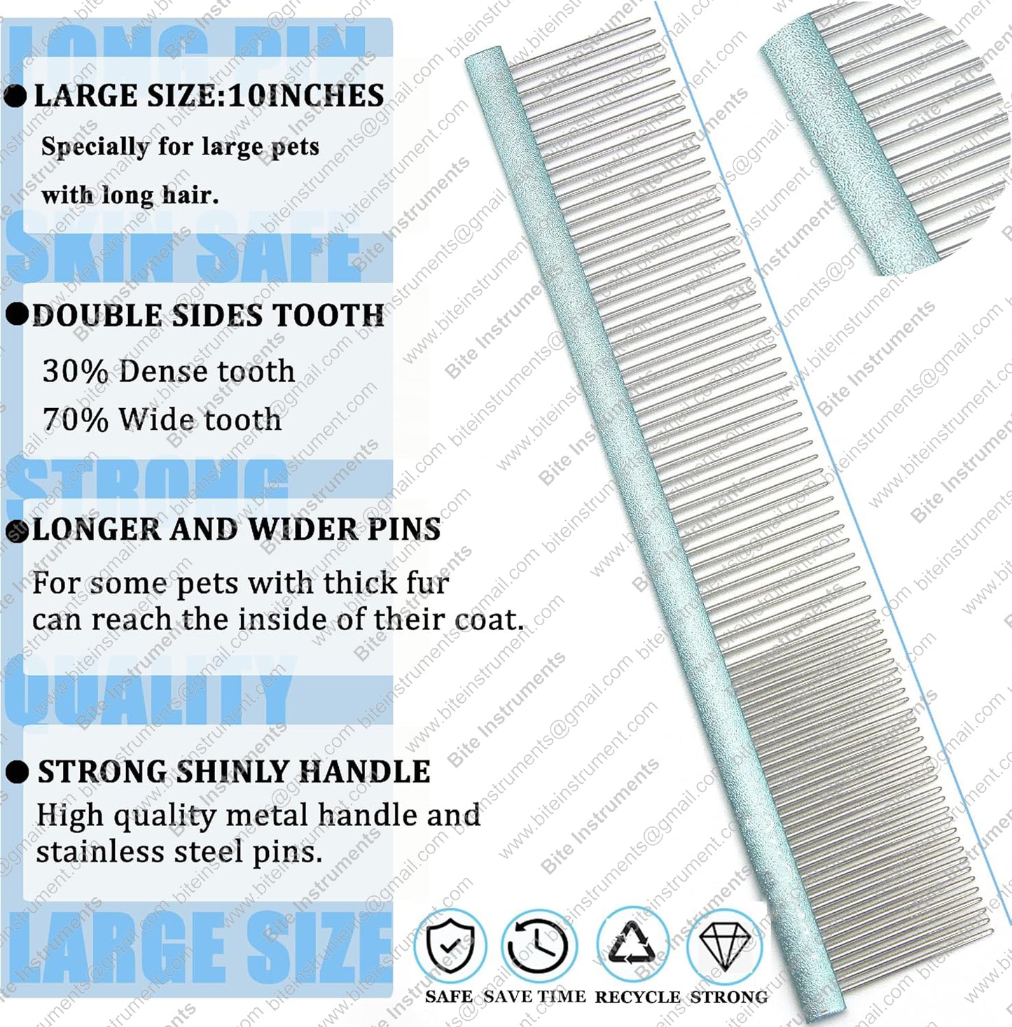 Bite Instruments Dog Grooming Comb – Stainless Steel Pet Comb with Anti-Slip Handle