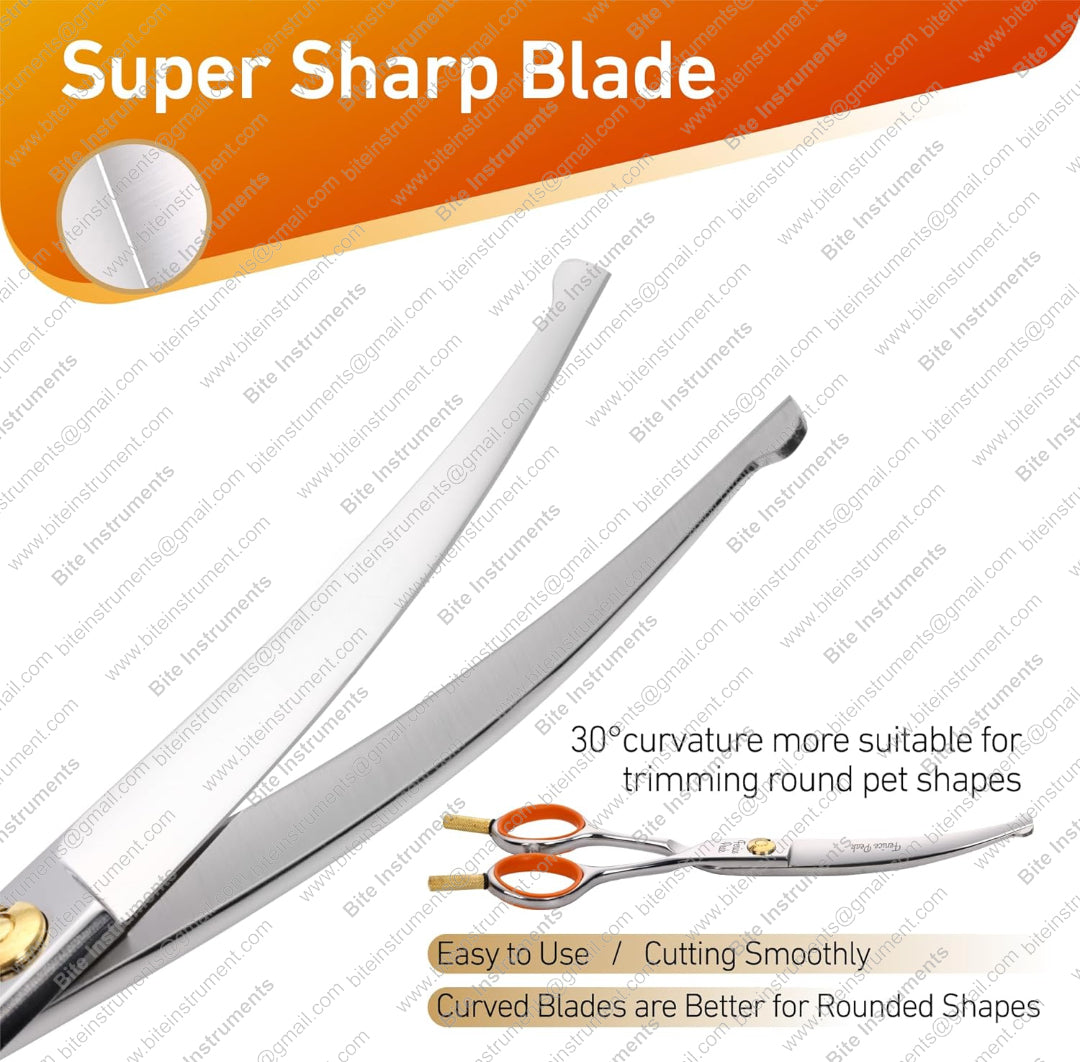 Bite Instruments Curved Pet Grooming Scissors – Professional Dog & Cat Hair Cutting Shears
