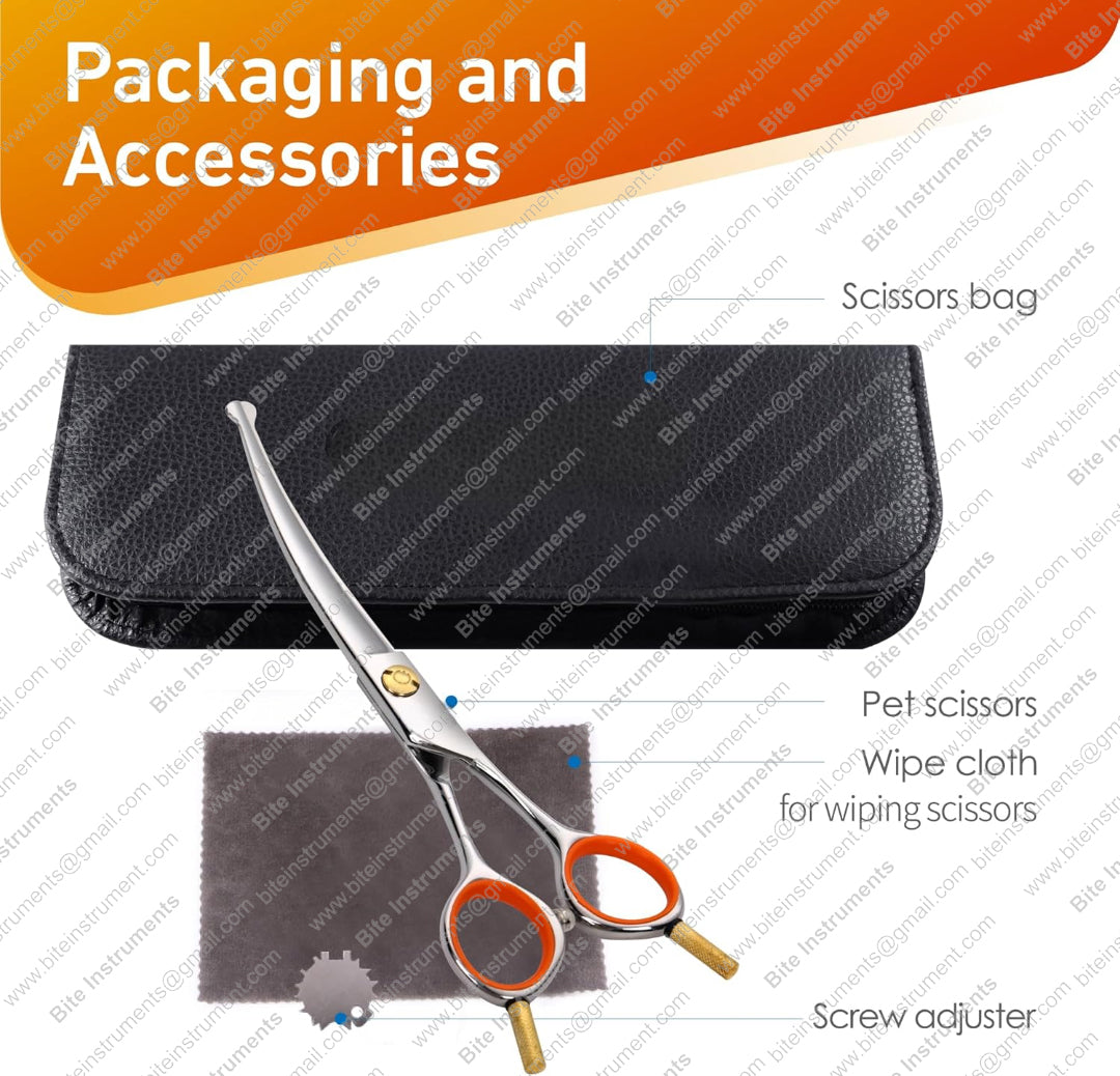 Bite Instruments Curved Pet Grooming Scissors – Professional Dog & Cat Hair Cutting Shears