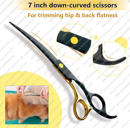 Professional 5-in-1 7.0-inch Black & Gold Dog Grooming Scissors Set - Straight, Thinning, Up & Down Curved Shears with Comb