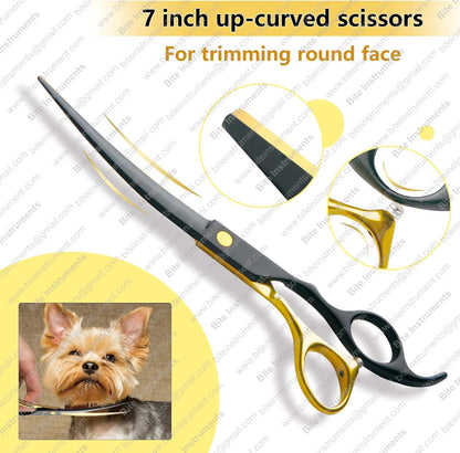 Professional 5-in-1 7.0-inch Black & Gold Dog Grooming Scissors Set - Straight, Thinning, Up & Down Curved Shears with Comb
