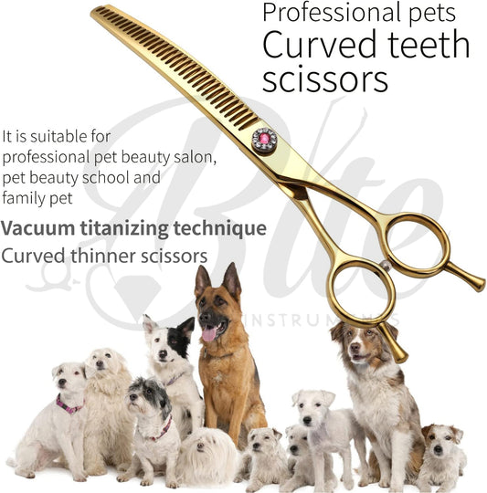 Professional Dog Grooming Scissors Pet Curved Chunker Shears 7.0''Sharp Blades 440C Steel Thinning Scissors
