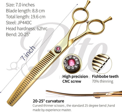 Professional Dog Grooming Scissors Pet Curved Chunker Shears 7.0''Sharp Blades 440C Steel Thinning Scissors