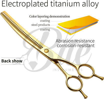 Professional Dog Grooming Scissors Pet Curved Chunker Shears 7.0''Sharp Blades 440C Steel Thinning Scissors