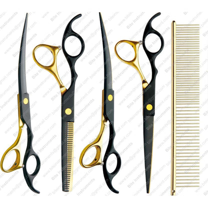 Professional 5-in-1 7.0-inch Black & Gold Dog Grooming Scissors Set - Straight, Thinning, Up & Down Curved Shears with Comb