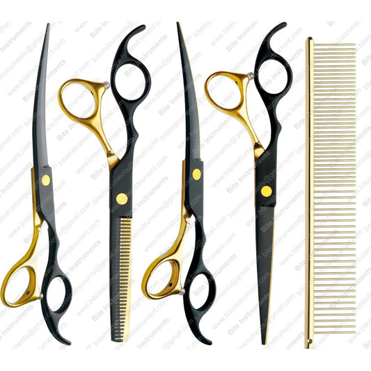 Professional 5-in-1 7.0-inch Black & Gold Dog Grooming Scissors Set - Straight, Thinning, Up & Down Curved Shears with Comb