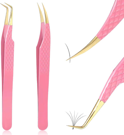 2PCS Professional Lash Tweezers Set, Bent & Straight Tip Precision Eyelash Extension Tweezers