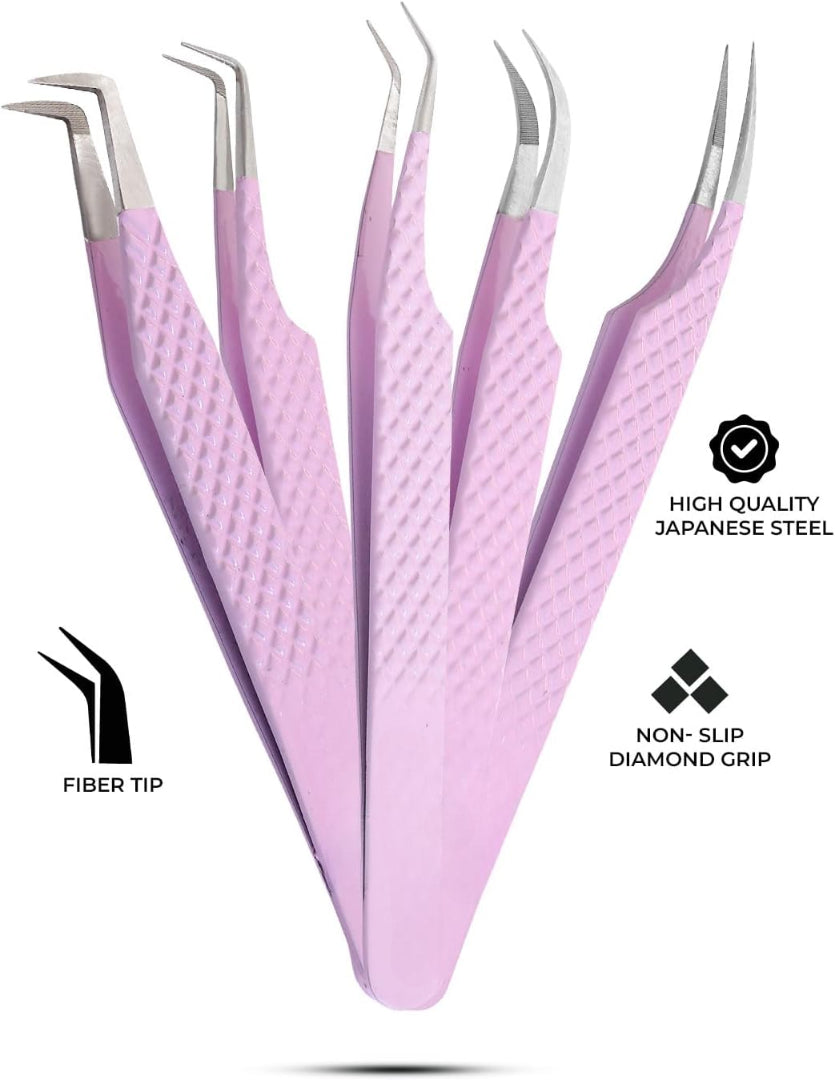 Bite Instruments Professional 4-Piece Purple Eyelash Tweezer Set | Textured Grip Lash Tools