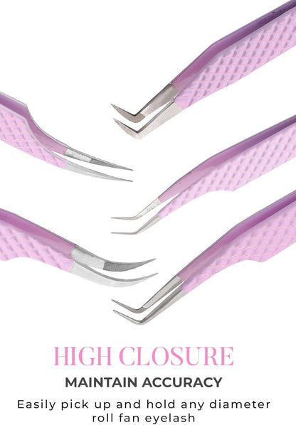 Bite Instruments Professional 4-Piece Purple Eyelash Tweezer Set | Textured Grip Lash Tools