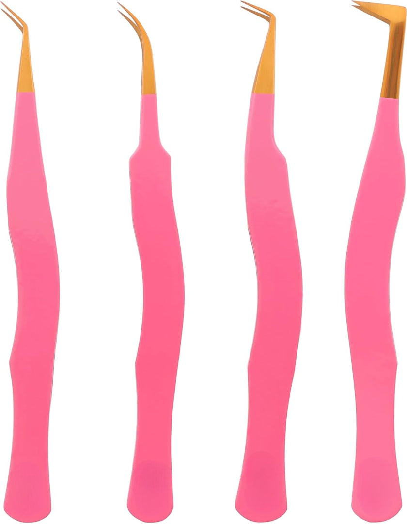 Bite Instruments Pink & Gold 4-Piece Eyelash Tweezer Set | Precision Tools for Volume & Classic Lashes