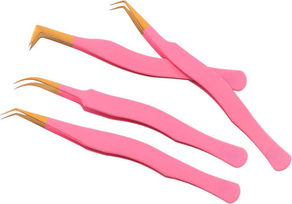 Bite Instruments Pink & Gold 4-Piece Eyelash Tweezer Set | Precision Tools for Volume & Classic Lashes