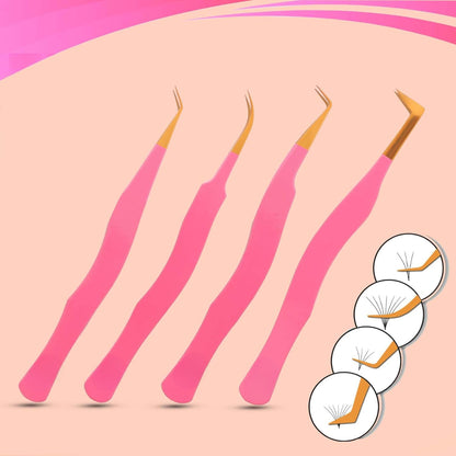 Bite Instruments Pink & Gold 4-Piece Eyelash Tweezer Set | Precision Tools for Volume & Classic Lashes