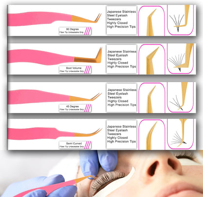 Bite Instruments Pink & Gold 4-Piece Eyelash Tweezer Set | Precision Tools for Volume & Classic Lashes