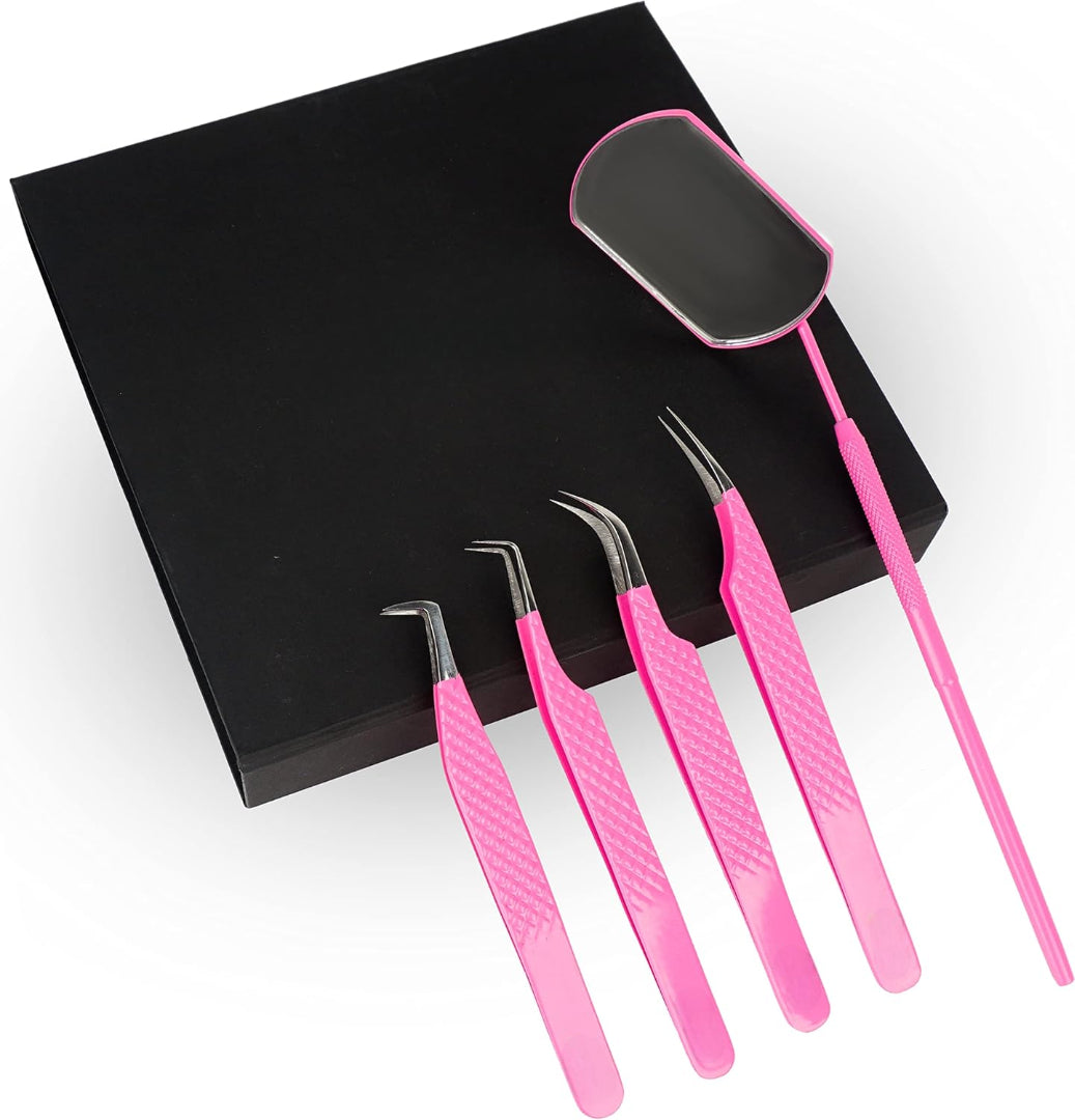 Bite Instruments 5-Piece Salon Eyelash Tweezer with Eyelash Mirror Set |Pink Stainless Steel Lash Extension Tools