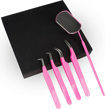 Bite Instruments 5-Piece Salon Eyelash Tweezer with Eyelash Mirror Set |Pink Stainless Steel Lash Extension Tools