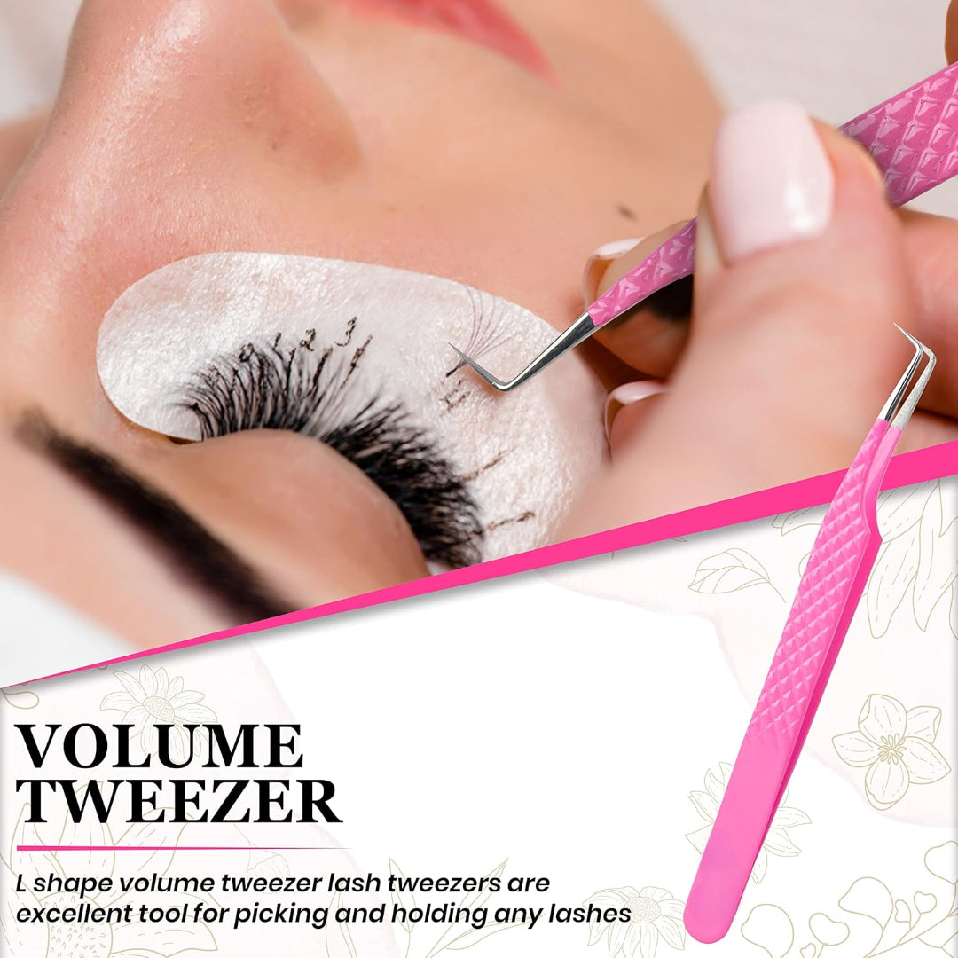 Bite Instruments 5-Piece Salon Eyelash Tweezer with Eyelash Mirror Set |Pink Stainless Steel Lash Extension Tools
