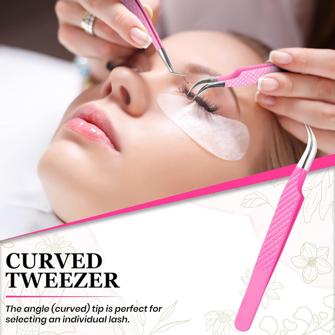 Bite Instruments 5-Piece Salon Eyelash Tweezer with Eyelash Mirror Set |Pink Stainless Steel Lash Extension Tools