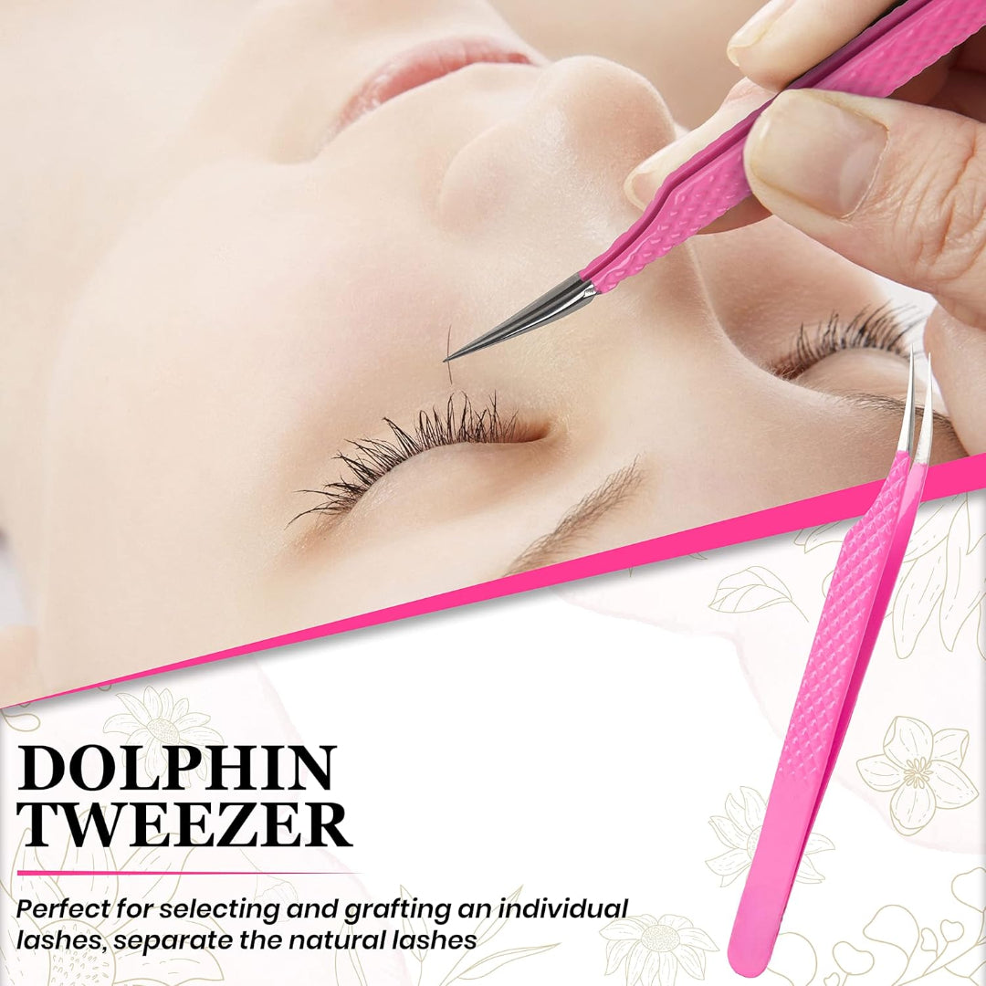 Bite Instruments 5-Piece Salon Eyelash Tweezer with Eyelash Mirror Set |Pink Stainless Steel Lash Extension Tools