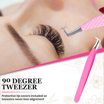 Bite Instruments 5-Piece Salon Eyelash Tweezer with Eyelash Mirror Set |Pink Stainless Steel Lash Extension Tools
