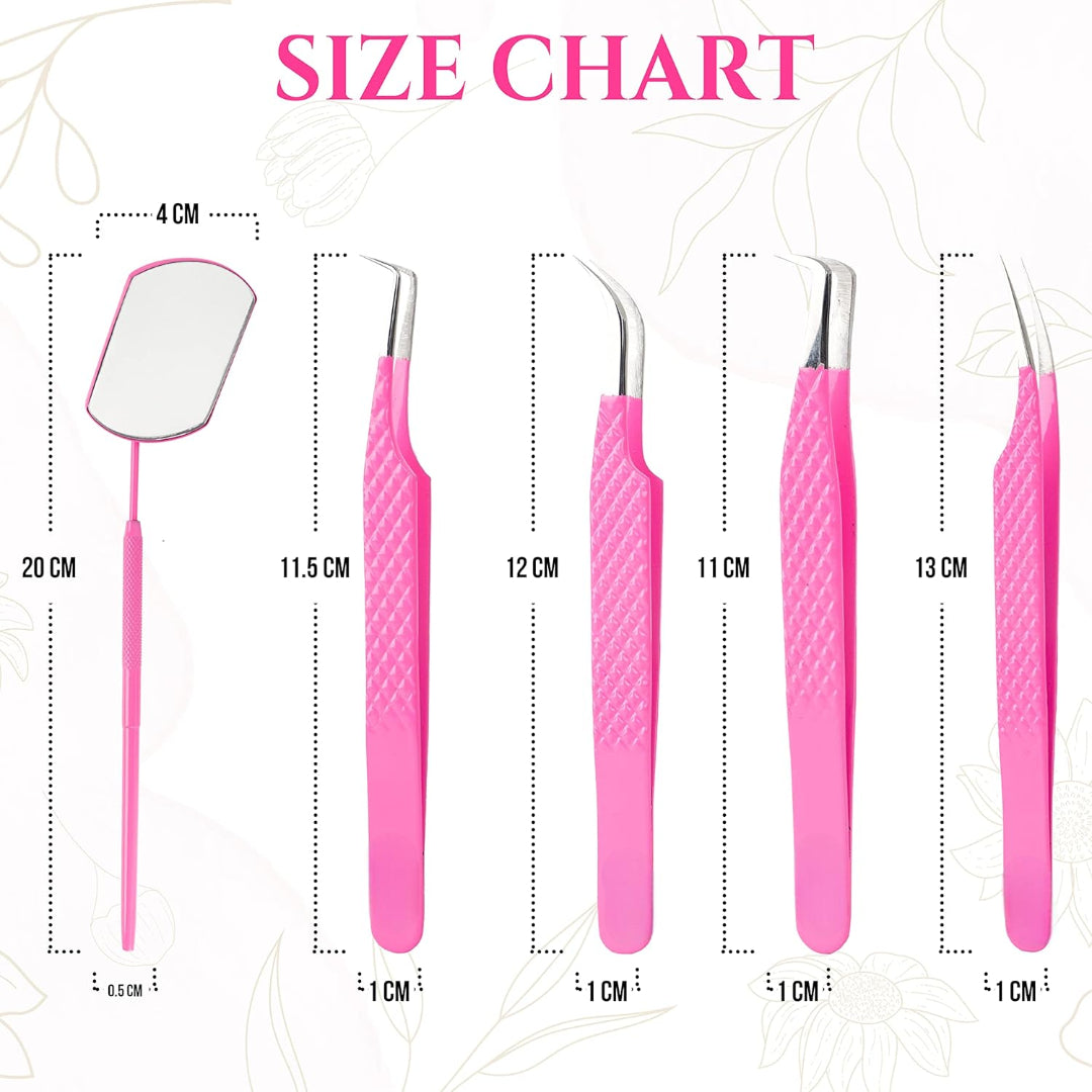 Bite Instruments 5-Piece Salon Eyelash Tweezer with Eyelash Mirror Set |Pink Stainless Steel Lash Extension Tools