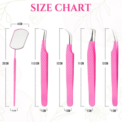 Bite Instruments 5-Piece Salon Eyelash Tweezer with Eyelash Mirror Set |Pink Stainless Steel Lash Extension Tools