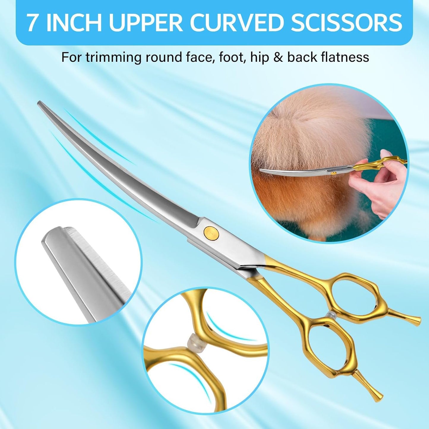 Professional 5-in-1 Gold Dog & Cat Grooming Scissors Set - 7-inch Shears with Safety Round Tips & Comb