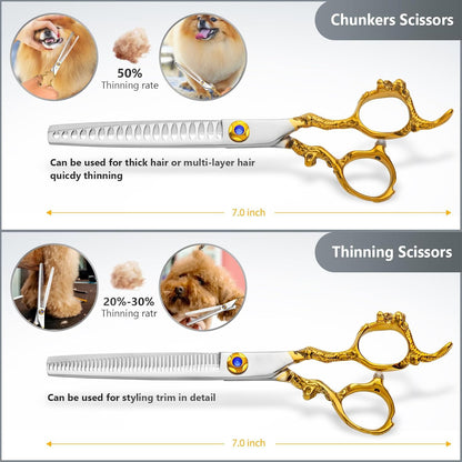 Professional Dragon Style Gold Pet Grooming Scissors Set - Curved, Thinning & Straight Shears with Case for Cats & Dogs