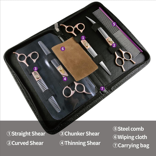 Professional 7.0-inch Rose Gold Dog Grooming Scissors Set - 440C Stainless Steel Curved, Thinning & Straight Shears with Comb