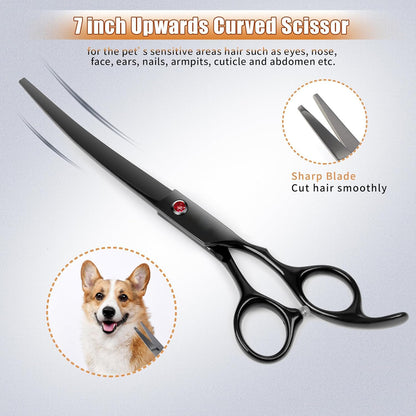 7.0in Titanium Professional Dog Grooming Scissors Set, BITE 6 in 1 Straight & Thinning & Upwards Curved & Downwards Curved Scissors & Comb for Dogs, Cats and Other Animals