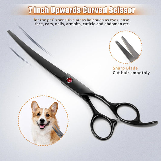 7.0in Titanium Professional Dog Grooming Scissors Set, BITE 6 in 1 Straight & Thinning & Upwards Curved & Downwards Curved Scissors & Comb for Dogs, Cats and Other Animals