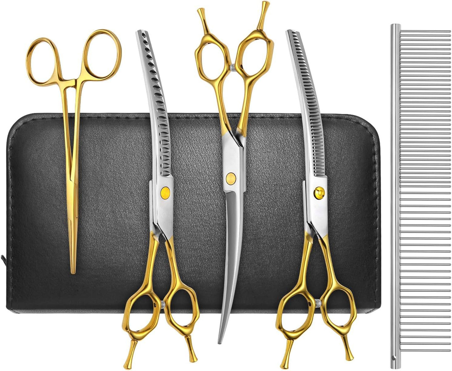 Professional 5-in-1 Gold Dog & Cat Grooming Scissors Set - 7-inch Shears with Safety Round Tips & Comb