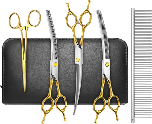 Professional 5-in-1 Gold Dog & Cat Grooming Scissors Set - 7-inch Shears with Safety Round Tips & Comb